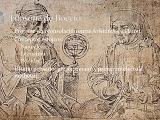 Propone una consolación entre Aristóteles y Platón.Conceptos estoicos: Naturaleza.Ley natural.Realidad.Último pensador grecorromano y primer intelectual medieval.Filosofia de Boecio.