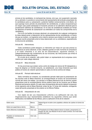 BOLETÍN OFICIAL DEL ESTADO
Núm. 96	 Lunes 22 de abril de 2013	 Sec. III. Pág. 30997
errores en los candidatos, no rechazará las mismas, sino que, con suspensión razonada
de su admisión, lo pondrá en conocimiento del representante del sindicato presentador de
la candidatura para su subsanación, pudiendo habilitar exclusivamente a tal efecto, sin
que suponga nuevo período de presentación de candidaturas, un plazo excepcional que
en ningún caso podrá sobrepasar el momento previsto en el calendario electoral para la
proclamación definitiva de candidaturas. En el caso de candidaturas avaladas por firmas
de electores el trámite de subsanación se entenderá con todos los componentes de la
candidatura.
Con el fin de facilitar el proceso electoral y la subsanación de cualquier contingencia
la mesa deberá poner a disposición de los representantes de las candidaturas, el mismo
día que se reciban, o al siguiente como máximo siempre que el plazo lo permita, copia de
cualquier escrito presentado ante la mesa relacionado con su candidatura, especialmente
la renuncia de candidatos.
Artículo 80.  Interventores.
Cada candidatura podrá designar un interventor por mesa sin que sea precisa su
pertenencia al censo electoral, si bien, deberán guardar en todo momento la compostura
y el orden inherente a un acto de tal trascendencia, siguiendo siempre, e
independientemente del cumplimiento de sus funciones, las instrucciones que emita el
Presidente de la Mesa Electoral.
En el acto de la votación, sólo podrá haber un representante de la empresa como
máximo por cada colegio electoral.
Artículo 81.  Mesa itinerante.
En las provincias que existan varios centro de trabajo de menos de 50 trabajadores y
haya de elegirse un Comité conjunto, se establecerá, una mesa itinerante que hará
público el horario de votación aproximado en cada uno de los centros de trabajo.
Artículo 82.  Período hábil electoral.
Salvo normativa en contrario, es considerado período hábil para la presentación de
los escritos ante la Mesa Electoral, el correspondiente al horario de funcionamiento
normal del centro de trabajo. Los escritos a la Mesa Electoral el día de término podrán
presentarse ante la correspondiente oficina pública fuera de los horarios que la Mesa
Electoral permanezca abierta. En este caso el presentante del escrito deberá comparecer
al día siguiente ante la Mesa Electoral, antes de las 12 horas del mediodía, entregando
copia del escrito presentado el día anterior en la Oficina Pública.
Artículo 83.  Interpretación de voto.
Con objeto de dar una interpretación uniforme a la calificación del voto, las
Organizaciones aquí representadas establecen los siguientes criterios que serán
distribuidos a la totalidad de las Mesas, para su aplicación el día de la votación:
Sobre vacío. Blanco. Deberá figurar el sobre como papeleta a efectos de cuadrar el número de
votos.
Sobre con papel blanco dentro. Blanco.
Sobre diferente al establecido. Voto nulo. El Presidente de la Mesa deberá indicar al votante, previamente a la
emisión de voto, que efectúe el voto en sobre correcto. Si el voto fuera
emitido será nulo.
Papeleta con tachaduras de
candidatos.
Voto nulo.
cve:BOE-A-2013-4278
 