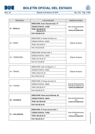 BOLETÍN OFICIAL DEL ESTADO
Núm. 34	 Sábado 8 de febrero de 2014	 Sec. II.B. Pág. 11005
PROVINCIA LOCALIZACIÓN OBSERVACIONES
DIRECCIÓN: Avda. Eduardo Dato, 21
CÓDIGO POSTAL: 41005
TFNO. 954.98.85.23
954.42.32.73
41 – SEVILLA
FAX: 954.98.87.59
Área de Reclutamiento
con
Centro de Selección
DIRECCIÓN: C/ Antolín de Soria, s/n
CÓDIGO POSTAL: 42002
TFNO. 975.23.92.51
42 – SORIA
FAX: 975.23.92.54
Órgano de Apoyo
DIRECCIÓN: Rambla Vella, 4
CÓDIGO POSTAL: 43003
TFNO. 977.24.97.37
43 – TARRAGONA
FAX: 977.24.98.00
Órgano de Apoyo
DIRECCIÓN: Avda. de Sagunto, 11
CÓDIGO POSTAL: 44002
TFNO. 978.61.87.32
44 – TERUEL
FAX: 978.61.87.35
Órgano de Apoyo
DIRECCIÓN: C/ Duque de Lerma, 6
CÓDIGO POSTAL: 45004
TFNO. 925.28.33.71
45 – TOLEDO
FAX: 925.28.33.72
Área de Reclutamiento
Prevista la creación de
Centro de Selección
DIRECCIÓN: Paseo de la Alameda, 28
CÓDIGO POSTAL: 46010
TFNO. 961.96.34.00
46 – VALENCIA
FAX: 961.96.34.40
Área de Reclutamiento
con
Centro de Selección
DIRECCIÓN: C/ Fray Luis de León, 7
CÓDIGO POSTAL: 47002
TFNO. 983.20.38.12
47 – VALLADOLID
FAX: 983.20.39.17
Área de Reclutamiento
con
Centro de Selección
cve:BOE-A-2014-1347
 