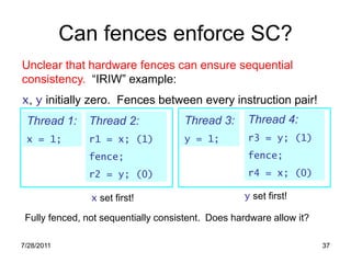 Can fences enforce SC?
Unclear that hardware fences can ensure sequential
consistency. “IRIW” example:
x, y initially zero...