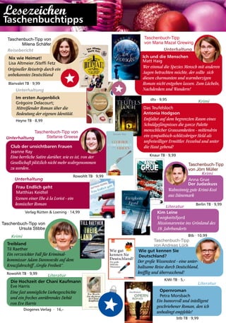 Nix wie Heimat!
Mitreißender Roman über die
Bedeutung der eigenen Identität.
Im ersten Augenblick
Grégoire Delacourt;
Frau Endlich geht
Matthias Keidtel
Origineller Reisetrip durch ein
unbekanntes Deutschland
Eine herrliche Satire darüber, wie es ist, von der
Gesellschaft plötzlich nicht mehr wahrgenommen
zu werden..
Club der unsichtbaren Frauen
Jeanne Ray
Szenen einer Ehe à la Loriot - ein
komischer Roman
Ein verzwickter Fall für Kriminal-
kommissar Adam Dannowski auf dem
Kreuzfahrschiff „Große Freiheit“.
Eine fast unmögliche Liebesgeschichte
und ein freches anrührendes Debüt
von Eve Harris
Treibland
Til Raether
Eve Harris
Das Teufelsloch
Antonia Hodgson
Opernroman
Petra Morsbach
Ein humorvoll und intelligent
geschriebener Roman, den ich
unbedingt empfehle!
Taschenbuch-Tipp von
Milena Schäfer
Taschenbuch-Tipp von
Stefanie Greese
dtv · 9,95
Taschenbuch-Tipp
von Maria Mazal Grewing
Knaur TB · 9,99
Rowohlt TB· 9,99
Taschenbuch-Tipp von
Ursula Stibbe
Rowohlt TB · 9,99
btb TB · 9,99
Blanvalet TB · 9,99
Heyne TB · 8,99
Wie gut kennen Sie
Deutschland?
Der große Wissenstest - eine unter-
haltsame Reise durch Deutschland,
knifflig und überraschend!
KiWi TB · 5,-
Taschenbuch-Tipp
von Andreas Lück
Unterhaltung
Unterhaltung
Unterhaltung
Literatur
Literatur
Reisebericht
Krimi
Unterhaltung
Krimi
Missionarsreise ins Grönland des
18. Jahrhunderts
Kim Leine
Ewigkeitsfjord
Anna Grue
Berlin TB · 9,99
Btb · 10,99
Taschenbuch-Tipp
von Jörn Müller
Literatur
Krimi
Wahnsinnig gute Krimi-Kost
aus Dänemark
Taschenbuchtipps
Der Judaskuss
Lesezeichen
Verlag Rütten & Loening · 14,99
Ich und die Menschen
Matt Haig
Wer einmal die Spezies Mensch mit anderen
Augen betrachten möchte, der sollte sich
diesen charmanten und warmherzigen
Roman nicht entgehen lassen. Zum Lächeln,
Nachdenken und Wundern!
Entfaltet auf dem begrenzten Raum eines
Schuldgefängnisses die ganze Palette
menschlicher Grausamkeiten - mittendrin
ein sympathisch-schlitzohriger Held als
unfreiwilliger Ermittler. Fesselnd und unter
die Haut gehend!
Lisa Altmeier /Steffi Fetz
Die Hochzeit der Chani Kaufmann
Diogenes Verlag · 16,-
 