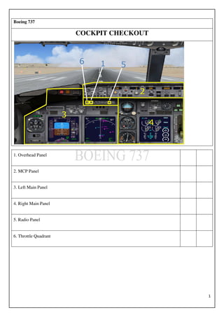 1
Boeing 737
COCKPIT CHECKOUT
1. Overhead Panel
2. MCP Panel
3. Left Main Panel
4. Right Main Panel
5. Radio Panel
6. Throttle Quadrant
 