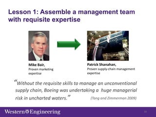 Lesson 1: Assemble a management team
with requisite expertise
“Without the requisite skills to manage an unconventional
supply chain, Boeing was undertaking a huge managerial
risk in uncharted waters.”
Mike Bair,
Proven marketing
expertise
Patrick Shanahan,
Proven supply-chain management
expertise
(Tang and Zimmerman 2009)
10
 