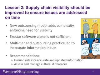 • New outsourcing model adds complexity,
enforcing need for visibility
• Exostar software alone is not sufficient
• Multi-tier and outsourcing practice led to
inaccurate information inputs
• Recommendations:
 Ground rules for accurate and updated information
 Assess and manage cultural differences
Lesson 2: Supply chain visibility should be
improved to ensure issues are addressed
on time
11
 