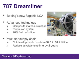 787 Dreamliner
• Boeing’s new flagship LCA
• Advanced technology
 Composite material structure
 Propulsion system
 20% fuel reduction
• Multi-tier supply chain
 Cut development costs from $7.3 to $4.2 billion
 Reduce development time by 2 years
6
 