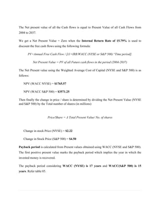  

The Net present value of all the Cash flows is equal to Present Value of all Cash Flows from
2004 to 2037.

We get a Net Present Value = Zero when the Internal Return Rate of 15.79% is used to
discount the free cash flows using the following formula:

          PV=Annual Free Cash Flow / [(1+IRR/WACC (NYSE or S&P 500) ^Time period].

             Net Present Value = PV of all Future cash flows in the period (2004-2037)

The Net Present value using the Weighted Average Cost of Capital (NYSE and S&P 500) is as
follows:

       NPV (WACC NYSE) = $1765.57

       NPV (WACC S&P 500) = $3571.25

Then finally the change in price / share is determined by dividing the Net Present Value (NYSE
and S&P 500) by the Total number of shares (in millions)



                         Price/Share = Δ Total Present Value/ No. of shares



       Change in stock Price (NYSE) = $2.22

       Change in Stock Price (S&P 500) = $4.50

Payback period is calculated from Present values obtained using WACC (NYSE and S&P 500).
The first positive present value marks the payback period which implies the year in which the
invested money is recovered.

The payback period considering WACC (NYSE) is 17 years and WACC(S&P 500) is 15
years. Refer table 05.




                                                                                             	
  
	
  
 