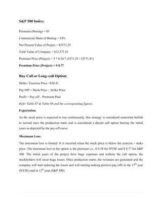 S&P 500 Index:

Premium (Boeing) = $5

Commercial Share of Boeing = 54%

Net Present Value of Project = $3571.25

Total Value of Company = $12,571.81

Premium Price (Project) = 5 * 0.54 * (3571.25 / 12571.81)

Premium Price (Project) = $ 0.77


Buy Call or Long–call Option:
Strike / Exercise Price =$36.41

Pay-Off = Stock Price – Strike Price

Profit = Pay-off – Premium Paid

Refer Table 07 & Table 08 and the corresponding figures.

Expectation:

As the stock price is expected to rise continuously, this strategy is considered somewhat bullish
to normal once the production starts and is considered a decent call option barring the initial
years as depicted by the pay-off curve.

Maximum Loss:

The maximum loss is limited. It is incurred when the stock price is below the exercise / strike
price. The maximum loss in the option is the premium i.e., $ 0.38 for NYSE and $ 0.77 for S&P
500. The initial years of the project have huge expenses and without the call option, the
stockholders will incur huge losses. Once production starts, the revenues are generated and the
company will start reducing the losses and will starting making positive pay-offs in the 17th year
(NYSE) and in 15th year (S&P 500).




                                                                                                     	
  
	
  
 