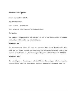 Protective Put Option:

Strike / Exercise Price =$36.41

Pay-Off = Strike Price

Profit = Pay-off - Premium Paid

Refer Table 17 & Table 18 and the corresponding figures.

Expectation:

The stock price is expected to be rise in a long term, but the investor might have the question
whether there will be sudden drop in the initial years.

Maximum Loss:

The maximum loss is limited. The worst case scenario is if the stock to drop below the strike
price, and then the put caps the loss at that point. The loss would be partially offset by the
premium received. In this case, the minimum pay-off expected is $0 (NYSE) and $0 (S&P 500).

Maximum Gain:

The potential gains on this strategy are unlimited. The best that can happen is for the stock price
to rise to infinity. In this case, the maximum payoff is $ 38.63 (NYSE) and $ 40.91 (S&P 500).




                                                                                                      	
  
	
  
 