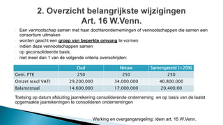 - Een vennootschap samen met haar dochterondernemingen of vennootschappen die samen een
consortium uitmaken
- worden geacht een groep van beperkte omvang te vormen
- indien deze vennootschappen samen
- op geconsolideerde basis.
- niet meer dan 1 van de volgende criteria overschrijden:
Toetsing op datum afsluiting jaarrekening consoliderende onderneming en op basis van de laatst
opgemaakte jaarrekeningen te consolideren ondernemingen
 Werking en overgangsregeling: idem art. 15 W.Venn.
Oud Nieuw Samengeteld (+20%)
Gem. FTE 250 250 250
Omzet (excl VAT) 29.200.000 34.000.000 40.800.000
Balanstotaal 14.600.000 17.000.000 20.400.00
 