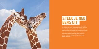 steek je nek
Idunt ate et
eens uit
Henect ib
Net als verleiding kent marketingcommunicatie zo zijn spelregels.
Eén daarvan is: blijf dicht bij jezelf. Je anders voordoen dan je bent
levert uiteindelijk niets op. Dit betekent niet automatisch dat je de
andere partij maar moet lastigvallen met gortdroge ik-ben-en-ik-kan
informatie. Want laten we wel zijn: niet het verstand, maar het
gevoel bepaalt de eerste indruk. Steek daarom gerust je nek
eens uit. En durf in je verleiding uit te stijgen boven de puur
rationele argumenten.
 