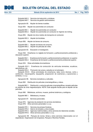 BOLETÍN OFICIAL DEL ESTADO
Núm. 233	 Sábado 28 de septiembre de 2013	 Sec. I. Pág. 78879
Epígrafe 849.3.  Servicios de traducción y similares.
Epígrafe 849.7.  Servicios de gestión administrativa.
Agrupación 85.  Alquiler de bienes muebles.
Grupo 854.  Alquiler de automóviles sin conductor.
Epígrafe 854.1.  Alquiler de automóviles sin conductor.
Epígrafe 854.2.  Alquiler de automóviles sin conductor en régimen de renting.
Grupo 855.  Alquiler de otros medios de transporte sin conductor.
Epígrafe 855.3.  Alquiler de bicicletas.
Grupo 856.  Alquiler de bienes de consumo.
Epígrafe 856.1.  Alquiler de bienes de consumo.
Epígrafe 856.2.  Alquiler de películas de vídeo.
Agrupación 93.  Educación e investigación.
Grupo 932.  Enseñanza no reglada de formación y perfeccionamiento profesional y
educación superior.
Epígrafe 932.1.  Enseñanza de formación y perfeccionamiento profesional, no superior.
Epígrafe 932.2.  Enseñanza de formación y perfeccionamiento profesional superior.
Grupo 933.  Otras actividades de enseñanza.
Epígrafe 933.1.  Enseñanza de conducción de vehículos terrestres, acuáticos,
aeronáuticos, etc.
Epígrafe 933.2.  Promoción de cursos y estudios en el extranjero.
Epígrafe 933.9.  Otras actividades de enseñanza, tales como idiomas, corte y
confección, mecanografía, taquigrafía, preparación de exámenes y oposiciones y
similares, n.c.o.p.
Agrupación 96.  Servicios recreativos y culturales.
Grupo 962.  Distribución de películas cinematográficas y vídeos.
Epígrafe 962.1.  Distribución y venta de películas cinematográficas, excepto películas
en soporte de cinta magnetoscópica. NOTA: Este epígrafe faculta para el alquiler de las
películas.
Grupo 966.  Bibliotecas, archivos, museos, jardines botánicos y zoológicos.
Epígrafe 966.1.  Bibliotecas y museos.
Agrupación 97.  Servicios personales.
Grupo 974.  Agencias de prestación de servicios domésticos.
Grupo 979.  Otros servicios personales n.c.o.p.
Epígrafe 979.1.  Servicios de pompas fúnebres.
Epígrafe 979.2.  Adorno de templos y otros locales.
Epígrafe 979.3.  Agencias matrimoniales y otros servicios de relaciones sociales.
Epígrafe 979.9.  Otros servicios personales n.c.o.p.
Agrupación 98.  Parques de recreo, ferias y otros servicios relacionados con el
espectáculo. Organización de Congresos, Parques o Recintos Feriales.
cve:BOE-A-2013-10074
 