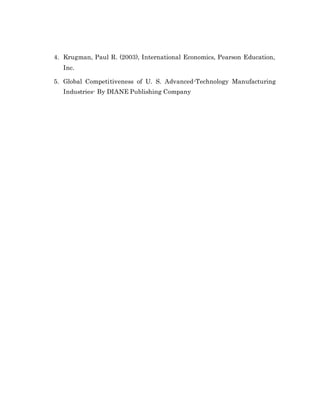 4. Krugman, Paul R. (2003), International Economics, Pearson Education,
Inc.
5. Global Competitiveness of U. S. Advanced-Technology Manufacturing
Industries- By DIANE Publishing Company
 