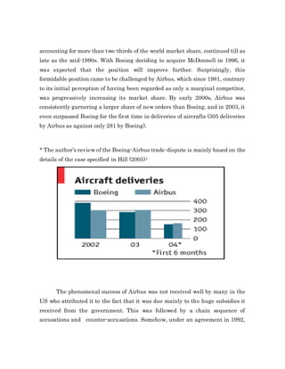 accounting for more than two-thirds of the world market share, continued till as
late as the mid-1990s. With Boeing deciding to acquire McDonnell in 1996, it
was expected that the position will improve further. Surprisingly, this
formidable position came to be challenged by Airbus, which since 1981, contrary
to its initial perception of having been regarded as only a marginal competitor,
was progressively increasing its market share. By early 2000s, Airbus was
consistently garnering a larger share of new orders than Boeing, and in 2003, it
even surpassed Boeing for the first time in deliveries of aircrafts (305 deliveries
by Airbus as against only 281 by Boeing).
* The author’s review of the Boeing-Airbus trade-dispute is mainly based on the
details of the case specified in Hill (2005)1
The phenomenal success of Airbus was not received well by many in the
US who attributed it to the fact that it was due mainly to the huge subsidies it
received from the government. This was followed by a chain sequence of
accusations and counter-accusations. Somehow, under an agreement in 1992,
 