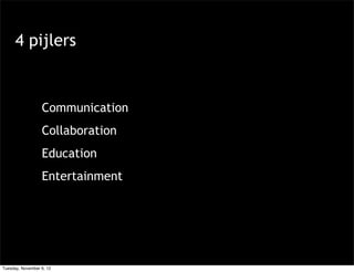 4 pijlers


                  Communication
                  Collaboration
                  Education
                  Entertainment




Tuesday, November 6, 12
 