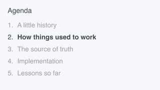 Agenda
1. A little history
2. How things used to work
3. The source of truth
4. Implementation
5. Lessons so far
 