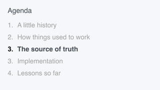 Agenda
1. A little history
2. How things used to work
3. The source of truth
3. Implementation
4. Lessons so far
 