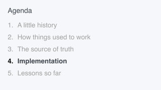Agenda
1. A little history
2. How things used to work
3. The source of truth
4. Implementation
5. Lessons so far
 