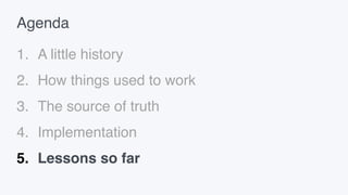 Agenda
1. A little history
2. How things used to work
3. The source of truth
4. Implementation
5. Lessons so far
 