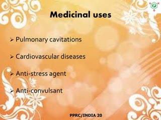 Medicinal uses
 Pulmonary cavitations
 Cardiovascular diseases
 Anti-stress agent
 Anti-convulsant
PPRC/INDIA 20
 