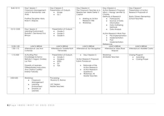 3 | P a g e I B O E S I N S E T S Y 2 0 2 2 - 2 0 2 3
8:45-10:15 Day1 Session 1
Classroom Management:
Lyrna B. Bartolome/ Joel
Avila
Positive Discipline: Mary
Rose A. Mapula
Day 2 Session 3
Presentation of Outputs
• Kinder
• Gr.1
Day 3 Session 4
The Classroom Teacher as a
Researcher: Merie Gerlie V.
Capiral
➢ Making an Action
Research Title
➢ Workshop
Day 4 Session 6
Action Research Proposal
Mina J. Narag/ Jennifer Q.
Chavez
Methods of Research
• Participants
• Sources of Data
Information
• Data Gathering
Methods
• Data Analysis
Action Research Work Plan
• Pre-Implementation
• Implementation
• Post
Implementation
References
Day 5 Session7
Presentation of Action
Research Proposals of
Barrio Obrero Elementary
School Teachers
10:15-12:00 Day1 Session 2
Learning Environment:
Rodolfo I. Del Moral/ Eva
Binuya
Presentation of Outputs
• Grade 2
• Grade 3
• Grade 4
12:00-1:00 LUNCH BREAK LUNCH BREAK LUNCH BREAK LUNCH BREAK LUNCH BREAK
1:00-1:15 Attendance: Lea Ann
Catando
Attendance: Tonette Ruth
Fernandez
Attendance: Ilyn Mangahas Attendance: Mary Rose
Mapula
Attendance: Marielle Castro
1:15-3:00 Activating Prior
Knowledge-Schema:
Belinda S. Sagun/ Andrea
Luz Ylan
Diversity of Learners-
Differentiated Instruction:
Ana Cristina Castillo/
Enerlyn Tabada
Presentation of Outputs
• Grade 5
• Grade 6
• SPED
• GT
• TSA
➢ Day 3 Session 5
Action Research Proposal:
Kalvin Pandacan
➢ Rationale of the
Action Research
➢ Action Research
Question/s
➢ Workshop: All
Master Teachers
Workshop
All Master Teachers
Closing Program
• Awarding
• Closing Prayer
3:00-5:00 Workshop
• Classroom
Management
• Learning
Environment
• Diversity of
Learners
Processing:
Rosana G. Ramos
LAC Session
Master Teachers
 