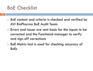 BoE Checklist
 BoE content and criteria is checked and verified by
AVI BioPharma BoE Audit Team
 Errors and issues are sent back for the inputs to be
corrected and the Functional manager to verify
and sign off corrections
 BoE Metric tool is used for checking accuracy of
BoEs
15
 