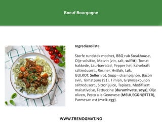WWW.TRENOGMAT.NO
Boeuf Bourgogne
Ingrediensliste
Storfe rundstek modnet, BBQ rub Steakhouse,
Olje solsikke, Matvin (vin, salt, sulfitt), Tomat
hakkede, Laurbærblad, Pepper hel, Kalvekraft
saltredusert., Rosiner, Hvitløk, Løk,
GULROT, Selleri rot, Sopp - champignon, Bacon
svin, Tomatpure (91), Timian, Grønnsakbuljon
saltredusert., Sitron juice, Tapioca, Modifisert
maisstivelse, Fettuccine (durumhvete, soya), Olje
oliven, Pesto a la Genovese (MELK,EGGNØTTER),
Parmesan ost (melk,egg).
 