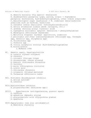 Actions of Medicinal Plants    34          © 2007 Eric Yarnell, ND

      A. Amanita muscaria (fly agaric) (muscarine)
      B. Anadenanthera peregrina (yopo, paricá, niopo) = Piptadenia
      peregrina (bufotenine, N,N-dimethyltryptamine, other indole alkaloids)
      C. Banisteriopsis caapi (ayahuasca) = B. inebrians (beta-carboline
      alkaloids such as harmine, harmiline)
      D. Cannabis indica (marijuana) (tetrahydrocannabinols)
      E. Datura stramonium (jimson weed) (atropine, etc.)
      F. Ipomoea (morning glory) (lysergic acid)
      G. Lophophora williamsii (peyote) (mescaline = phenylethylamine)
      H. Mandragora officinarum (mandrake)
      I. Myristica fragrans (nutmeg) (myristicin, elemicin)
      J. psilocybin and other indolealkylamines (Psilocybe spp, Conobybe
      spp, Paneolis spp, Stropharia spp)
      K. Trichocereus spp
      L. Turbinia spp
      M. Virola calophylla (virola) (N,N-dimethyltryptamine)
      N. miscellaneous
            1. McKenna 1996

XC.   Hepatic agent, hepatoprotective
      A. cynarin (Cynara scolymus)
      B. catechin
      C. curcumin (Curcuma longa)
      D. ginsenosides (Panax ginseng)
      E. gomisin (Schisandra chinensis)
      F. lecithin
      G. morin (Chlorophora tinctoria)
      H. orotic acid
      I. Schisandra chinensis
      J. silymarin (Silybum marianum)
      K. Taraxacum officinalis radix

XCI. Histidine decarboxylase inhibitor
     A. Allium sativum?
     B. catechin

XCII.Hyaluronidase inhibitor
     A. polysaccharides (Echinacea spp.)

XCIII.       Hypertensive (antihypotensive, pressor agent)
     A.   caffeine
     B.   ephedrine (Ephedra sinica)
     C.   glycyrrhetinic acid (Glycyrrhiza glabra)
     D.   sparteine

XCIV.Hypoglycemic (see also antidiabetic)
     A. Momordica charantia
 