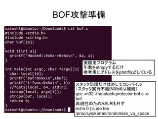BOF攻撃準備
スタック防護だけは外してコンパイル
（スタック実行不能[NXbit]は継続）
gcc -m32 -fno-stack-protector bof.c -o
bof
再現性のためASLRも外す
echo 0 | sudo tee
/proc/sys/kernel/randomize_va_space
実験用プログラム
引数をstrcpyするだけ
参考用にアドレスをprintfなどしている
 