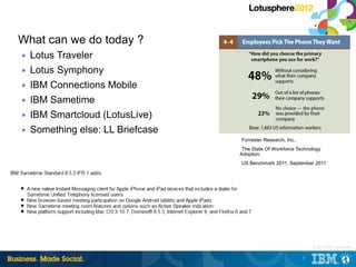 What can we do today ?
■   Lotus Traveler
■   Lotus Symphony
■   IBM Connections Mobile
■   IBM Sametime
■   IBM Smartcloud (LotusLive)
■   Something else: LL Briefcase
                                   Forrester Research, Inc.,
                                    The State Of Workforce Technology
                                   Adoption:
                                   US Benchmark 2011, September 2011




                                                                   |   © 2012 IBM Corporation


                                                               7
 