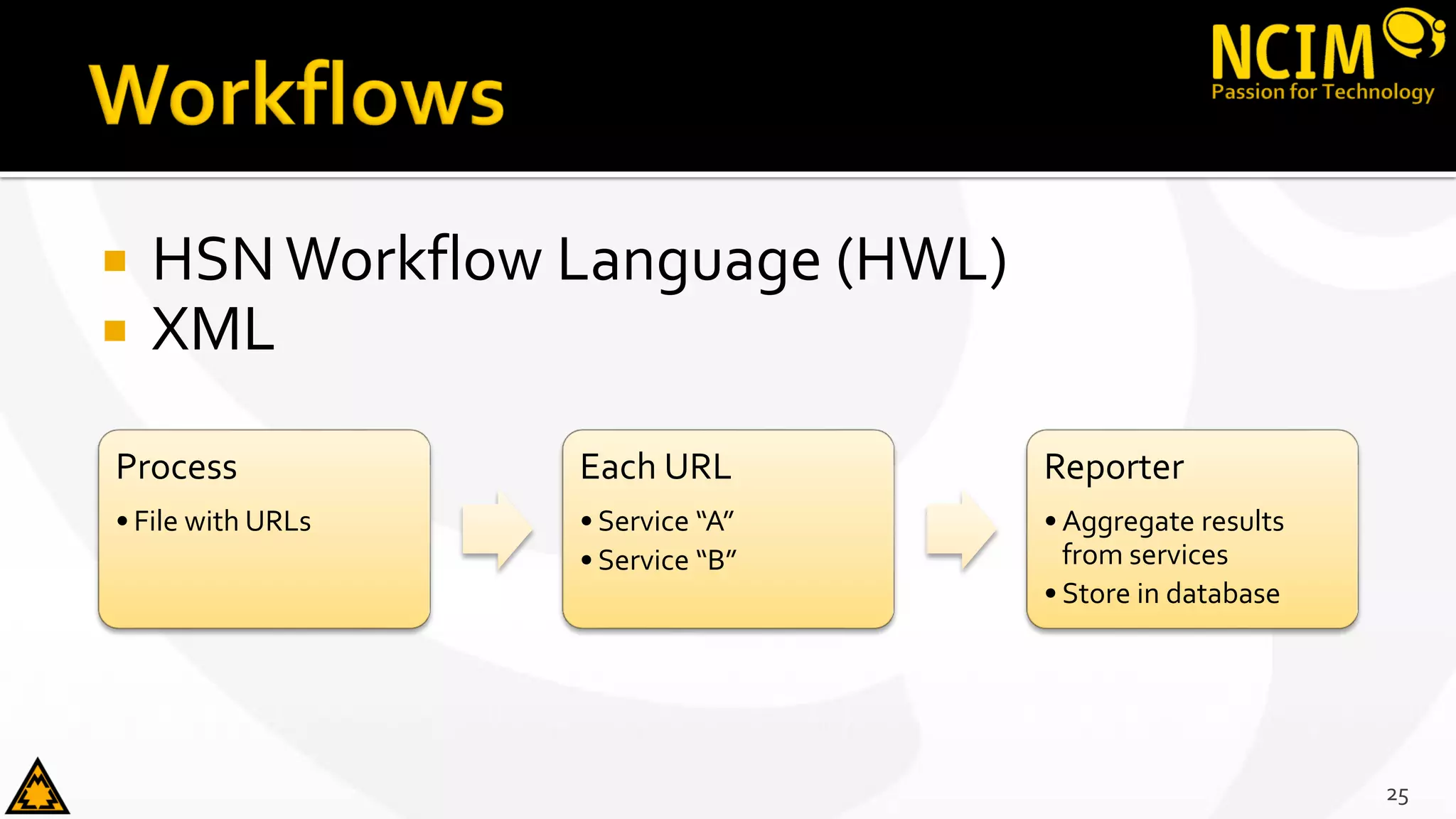  HSNWorkflow Language (HWL)
 XML
25
Process
• File with URLs
Each URL
• Service “A”
• Service “B”
Reporter
• Aggregate results
from services
• Store in database
 