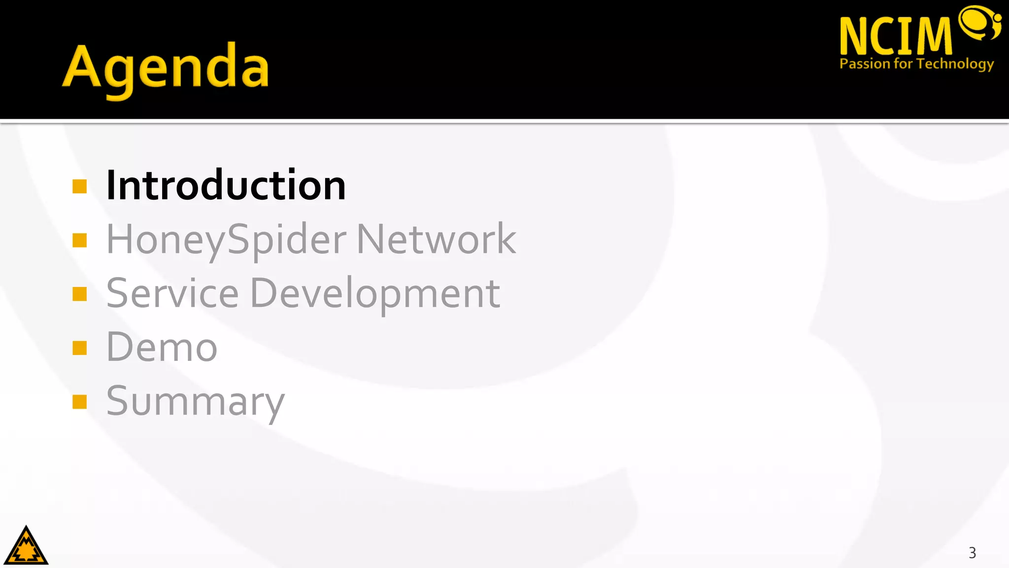  Introduction
 HoneySpider Network
 Service Development
 Demo
 Summary
3
 