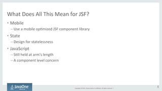 What 
Does 
All 
This 
Mean 
for 
JSF? 
• Mobile 
– Use 
a 
mobile 
opGmized 
JSF 
component 
library 
Copyright 
© 
2014, 
Oracle 
and/or 
its 
affiliates. 
All 
rights 
reserved. 
| 
• State 
– Design 
for 
statelessness 
• JavaScript 
– SGll 
held 
at 
arm’s 
length 
– A 
component 
level 
concern 
E 
 