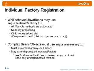 Individual Factory Registration Well behaved JavaBeans may use  registerBeanFactory(…) All lifecycle methods are automated No fancy processing Child nodes added via  JComponent.add(child [,constraints]) Complex Beans/Objects must use  registerFactory(…) Must implement groovy.util.Factory May extend groovy.util.AbstractFactory newInstance(builder, name, arg, attrs) is the only unimplemented method 