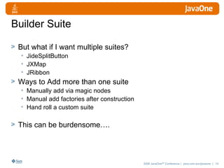 Builder Suite But what if I want multiple suites? JideSplitButton  JXMap  JRibbon Ways to Add more than one suite Manually add via magic nodes Manual add factories after construction Hand roll a custom suite This can be burdensome…. 