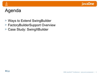 Agenda Ways to Extend SwingBuilder FactoryBuilderSupport Overview Case Study: SwingXBuilder 