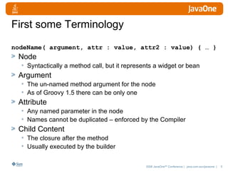 First some Terminology nodeName( argument, attr : value, attr2 : value) { … } Node Syntactically a method call, but it represents a widget or bean Argument The un-named method argument for the node As of Groovy 1.5 there can be only one Attribute Any named parameter in the node Names cannot be duplicated – enforced by the Compiler Child Content The closure after the method Usually executed by the builder 