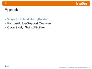 Agenda Ways to Extend SwingBuilder FactoryBuilderSupport Overview  Case Study: SwingXBuilder 