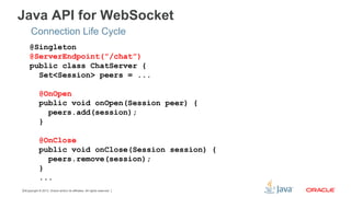 Copyright © 2013, Oracle and/or its affiliates. All rights reserved.10
Java API for WebSocket
Connection Life Cycle
@Singleton
@ServerEndpoint(”/chat”)
public class ChatServer {
Set<Session> peers = ...
@OnOpen
public void onOpen(Session peer) {
peers.add(session);
}
@OnClose
public void onClose(Session session) {
peers.remove(session);
}
...
 