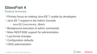 Copyright © 2013, Oracle and/or its affiliates. All rights reserved.23
GlassFish 4
 Primary focus on making Java EE 7 usable by developers
 Java EE 7 support in the Admin Console
– Java EE Concurrency, JBatch
 Background execution of admin commands
 More REST/SSE support for administration
 Log format changes
 Configuration defaults
 OSGi administration
Feature Summary
 