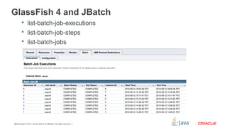 Copyright © 2013, Oracle and/or its affiliates. All rights reserved.26
GlassFish 4 and JBatch
 list-batch-job-executions
 list-batch-job-steps
 list-batch-jobs
 