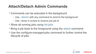 Copyright © 2013, Oracle and/or its affiliates. All rights reserved.27
Attach/Detach Admin Commands
 Commands can be executed in the background
– Use --detach with any command to send to the background
– Use --terse in scripts to receive just job id
 Show all running jobs using list-jobs
 Bring a job back to the foreground using the attach command
 Use the configure-managed-jobs command to further control the
lifecycle of jobs
 