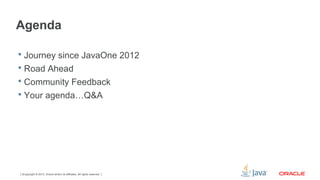 Copyright © 2013, Oracle and/or its affiliates. All rights reserved.3
Agenda
 Journey since JavaOne 2012
 Road Ahead
 Community Feedback
 Your agenda…Q&A
 
