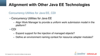 Copyright © 2013, Oracle and/or its affiliates. All rights reserved.15
Alignment with Other Java EE Technologies
 Concurrency Utilities for Java EE
– Align Work Manager to provide a uniform work submission model in the
platform?
 CDI
– Expand support for the injection of managed objects?
– Define an environment naming context for resource adapter modules?
Concurrency Utilities for Java EE, CDI
 