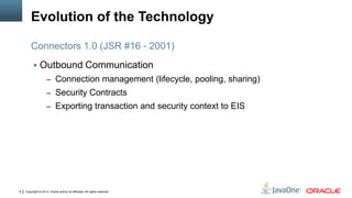 Copyright © 2013, Oracle and/or its affiliates. All rights reserved.8
Evolution of the Technology
 Outbound Communication
– Connection management (lifecycle, pooling, sharing)
– Security Contracts
– Exporting transaction and security context to EIS
Connectors 1.0 (JSR #16 - 2001)
 