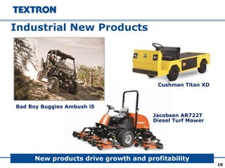1010
Industrial New Products
Jacobsen AR722T
Diesel Turf Mower
New products drive growth and profitability
Cushman Titan XD
Bad Boy Buggies Ambush iS
 