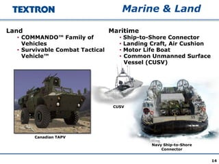14
Marine & Land
Land
• COMMANDO™ Family of
Vehicles
• Survivable Combat Tactical
Vehicle™
Maritime
• Ship-to-Shore Connector
• Landing Craft, Air Cushion
• Motor Life Boat
• Common Unmanned Surface
Vessel (CUSV)
Canadian TAPV
Navy Ship-to-Shore
Connector
CUSV
 