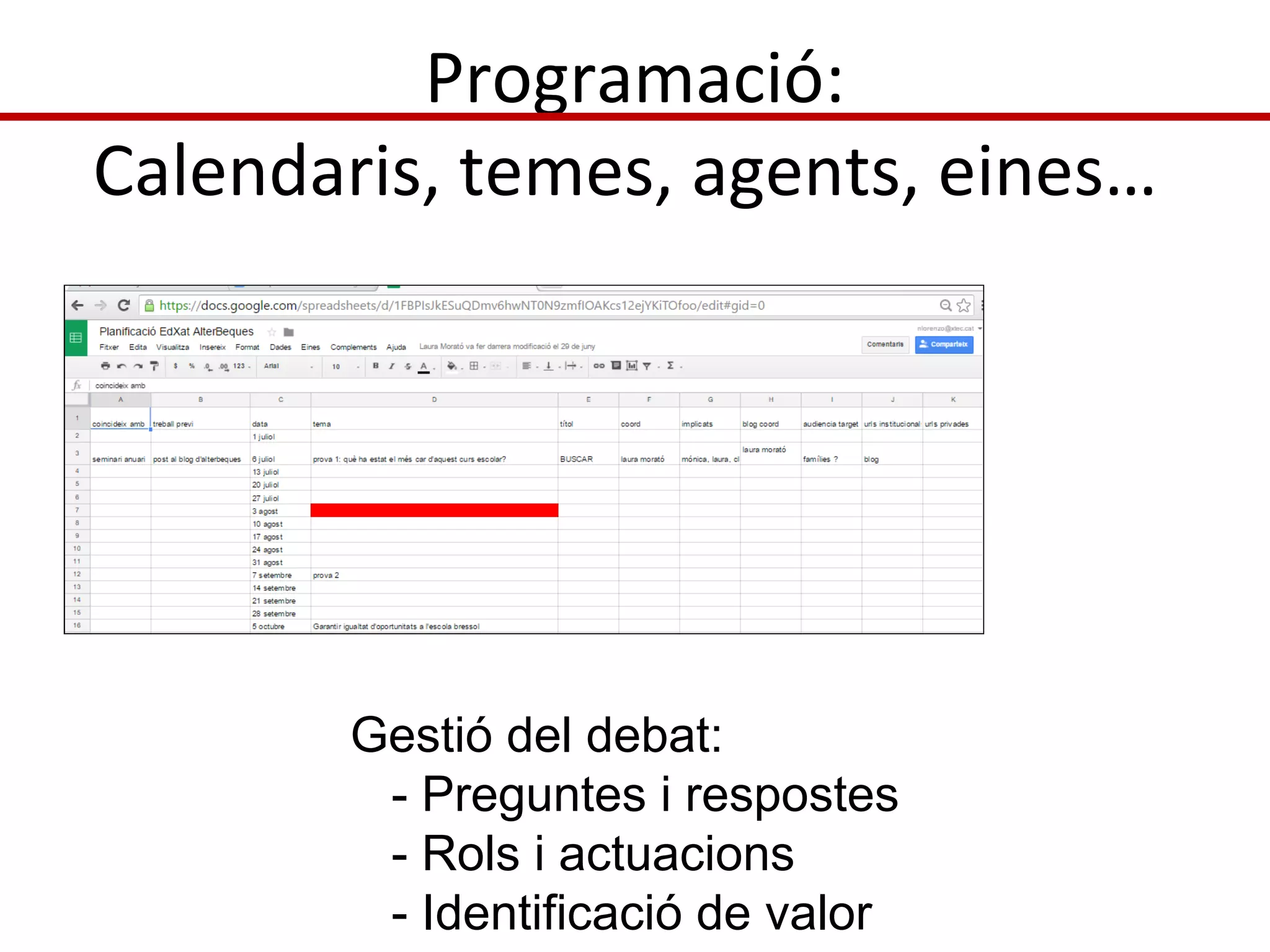 Programació:
Calendaris, temes, agents, eines…
Gestió del debat:
- Preguntes i respostes
- Rols i actuacions
- Identificació de valor
 