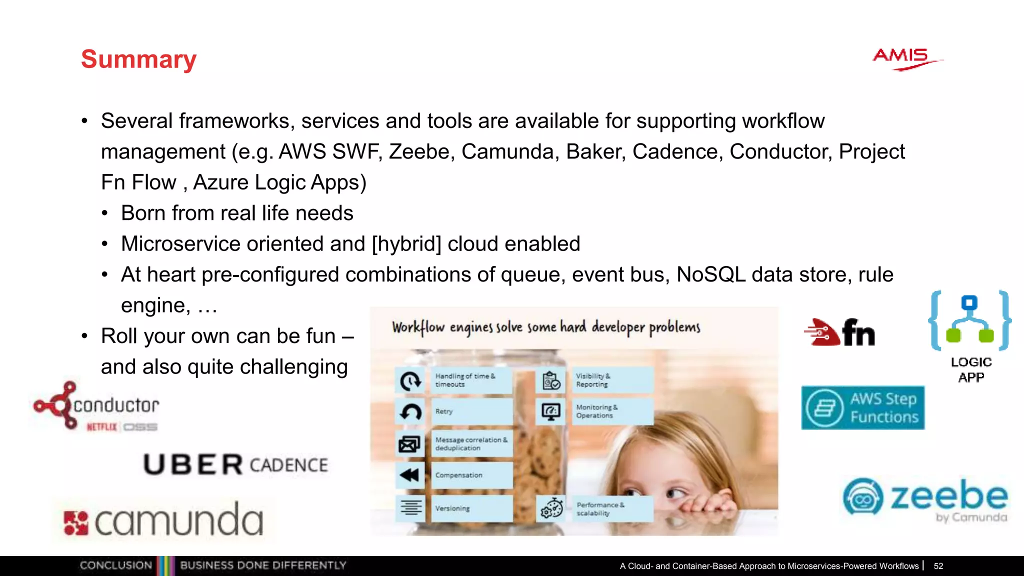 Summary
• Several frameworks, services and tools are available for supporting workflow
management (e.g. AWS SWF, Zeebe, Camunda, Baker, Cadence, Conductor, Project
Fn Flow , Azure Logic Apps)
• Born from real life needs
• Microservice oriented and [hybrid] cloud enabled
• At heart pre-configured combinations of queue, event bus, NoSQL data store, rule
engine, …
• Roll your own can be fun –
and also quite challenging
A Cloud- and Container-Based Approach to Microservices-Powered Workflows 52
 