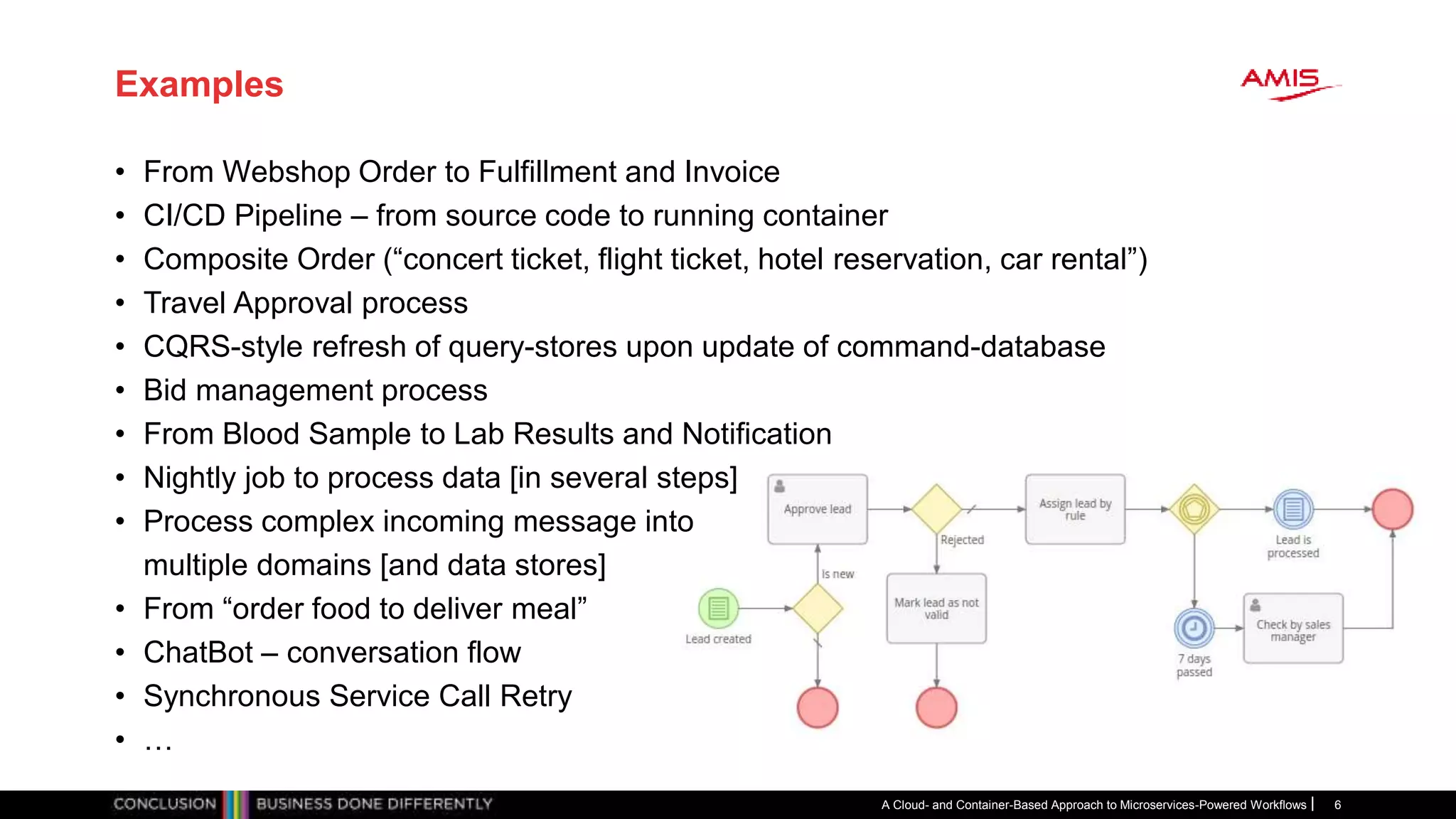 Examples
• From Webshop Order to Fulfillment and Invoice
• CI/CD Pipeline – from source code to running container
• Composite Order (“concert ticket, flight ticket, hotel reservation, car rental”)
• Travel Approval process
• CQRS-style refresh of query-stores upon update of command-database
• Bid management process
• From Blood Sample to Lab Results and Notification
• Nightly job to process data [in several steps]
• Process complex incoming message into
multiple domains [and data stores]
• From “order food to deliver meal”
• ChatBot – conversation flow
• Synchronous Service Call Retry
• …
A Cloud- and Container-Based Approach to Microservices-Powered Workflows 6
 