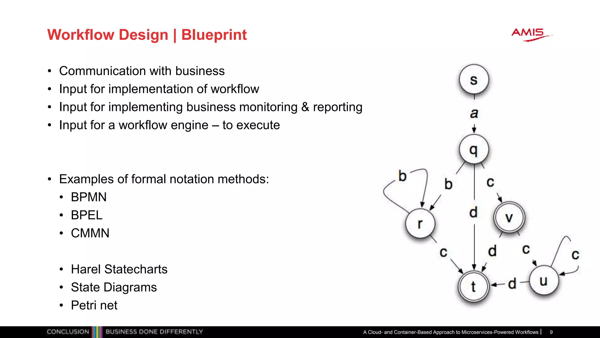 Workflow Design | Blueprint
• Communication with business
• Input for implementation of workflow
• Input for implementing business monitoring & reporting
• Input for a workflow engine – to execute
• Examples of formal notation methods:
• BPMN
• BPEL
• CMMN
• Harel Statecharts
• State Diagrams
• Petri net
A Cloud- and Container-Based Approach to Microservices-Powered Workflows 9
 